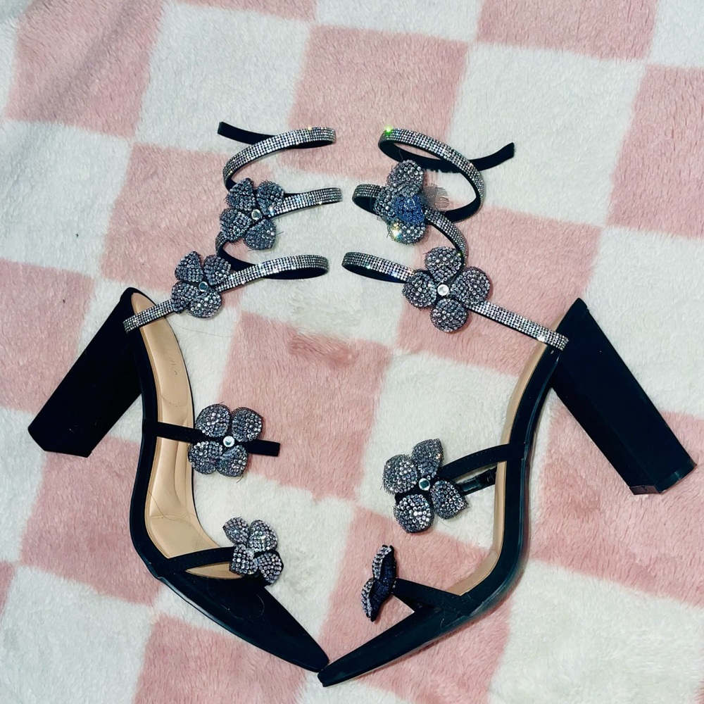Chic Black Heels with Rhinestone Floral Accents